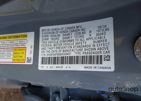 2025 Honda Civic Hybrid Sport/Sport Touring z USA, uszkodzony, nr VIN 2HGFE4F8XSH309457